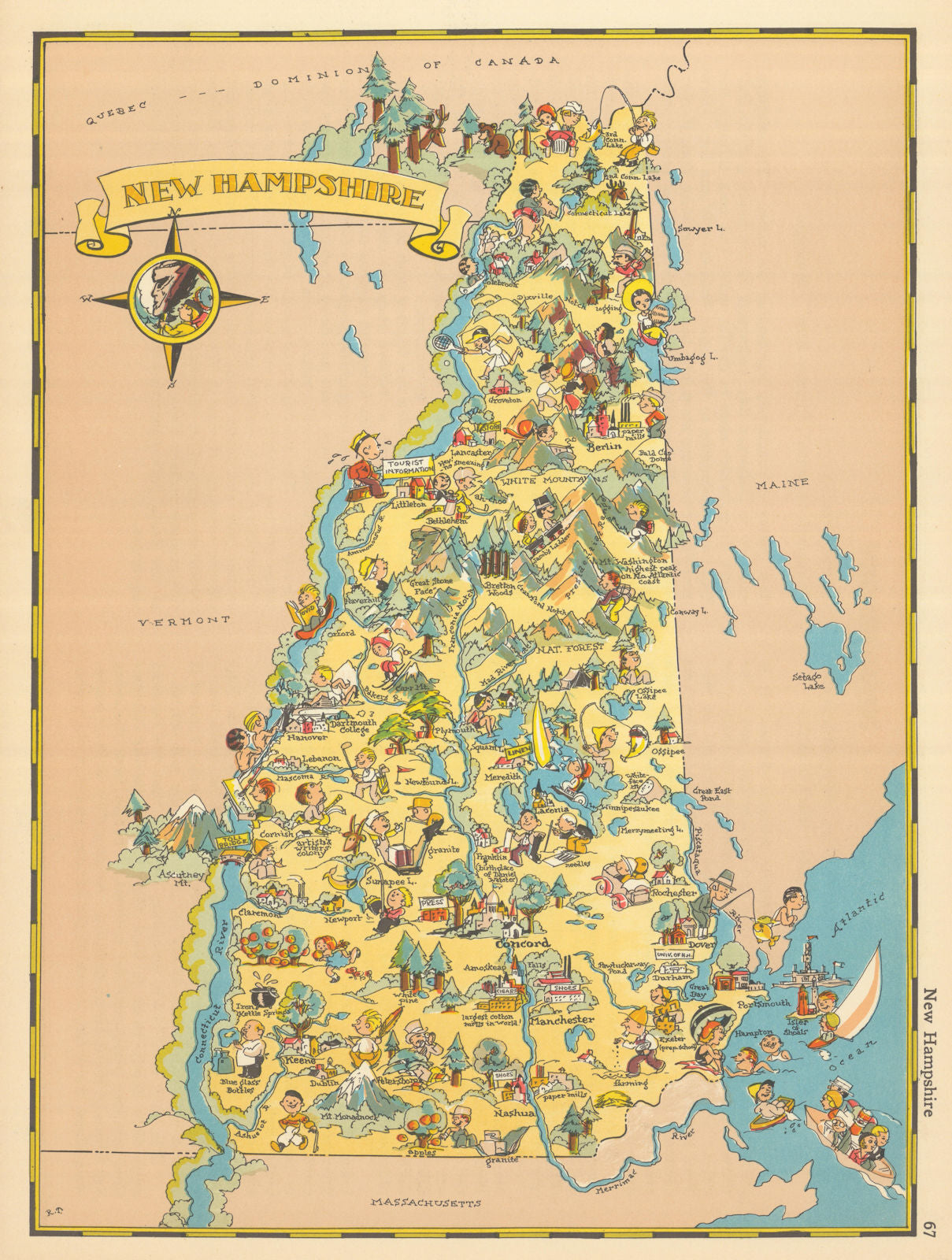 New Hampshire. Pictorial state map by Ruth Taylor White 1935 old vintage